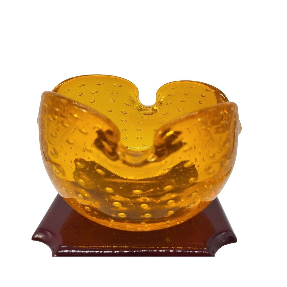 Art Glass Cigar Ashtray Orange Ruffle Pinched Edge Bullicante Controlled Bubbles